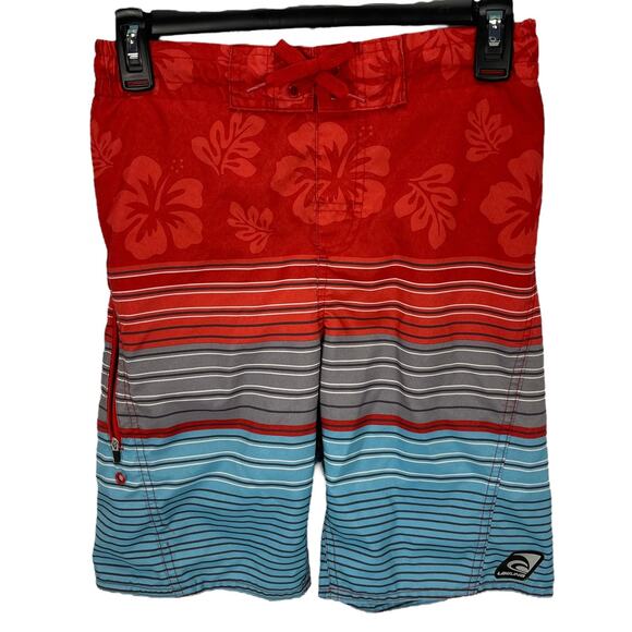 LAGUNA SWIM TRUNKS Boys Size LARGE (14/16) Red Blue FLORAL & STRIPED - Picture 1 of 6